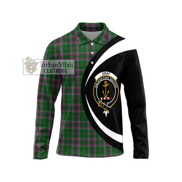 Gray Hunting Tartan Long Sleeve Polo Shirt with Family Crest Circle Style