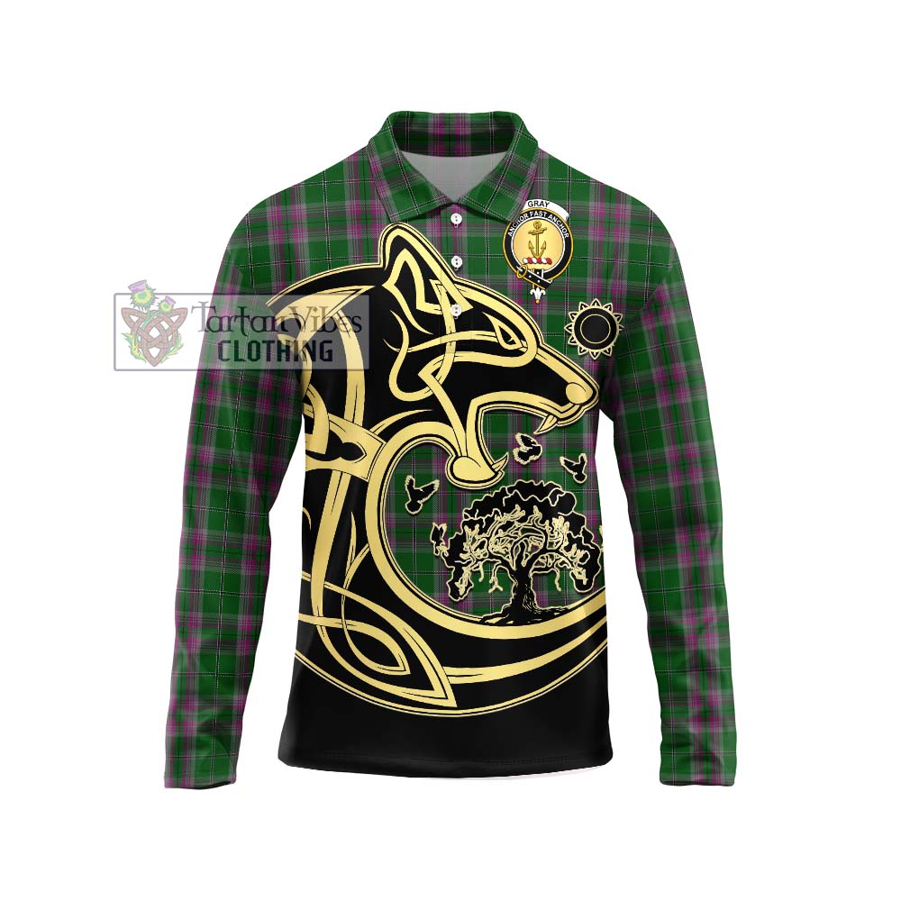 Gray Hunting Tartan Long Sleeve Polo Shirt with Family Crest Celtic Wolf Style Unisex - Tartanvibesclothing Shop