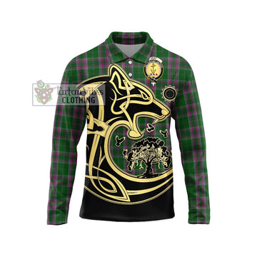 Gray Hunting Tartan Long Sleeve Polo Shirt with Family Crest Celtic Wolf Style