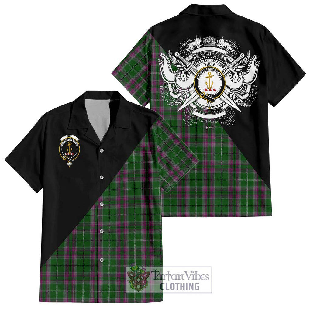 Gray Hunting Tartan Short Sleeve Button Shirt with Family Crest and Military Logo Style Kid - Tartanvibesclothing Shop