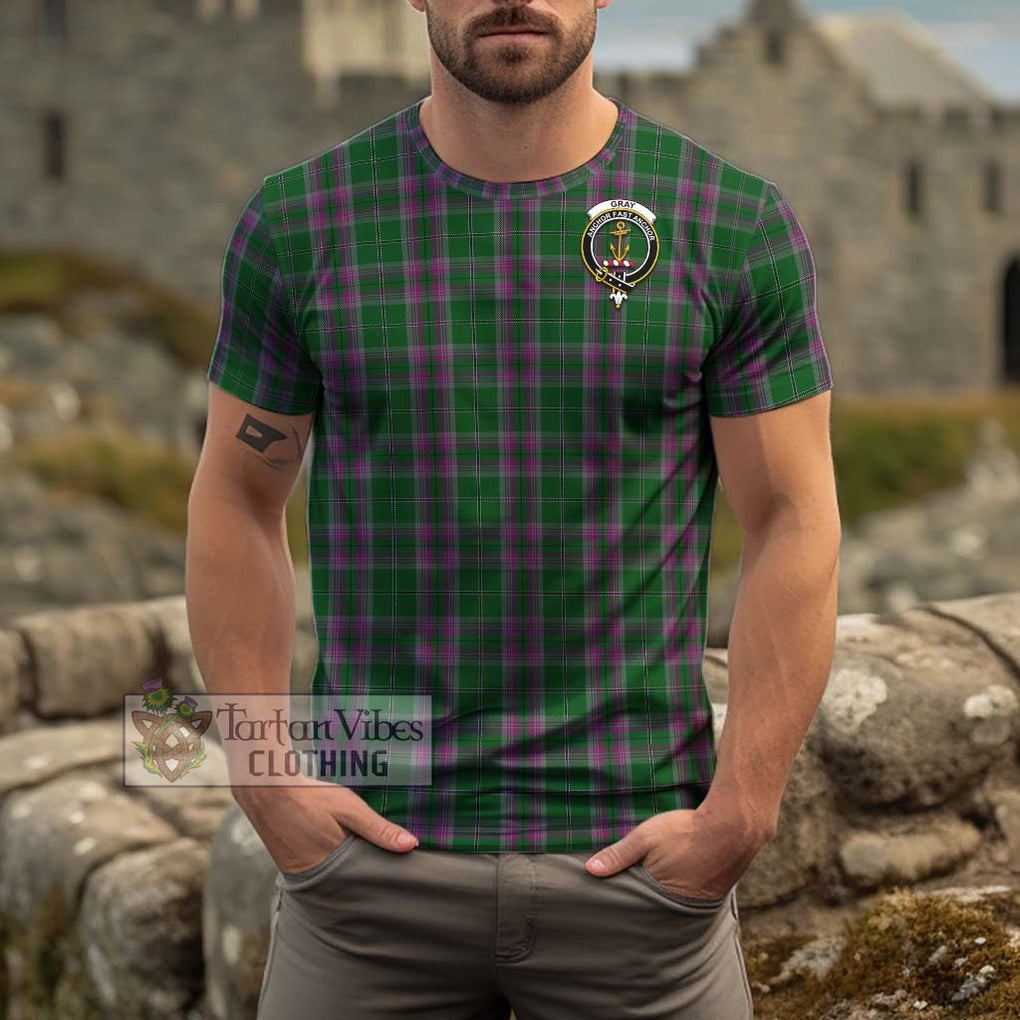 Gray Hunting Tartan Cotton T-Shirt with Family Crest Men's Shirt - Tartanvibesclothing Shop