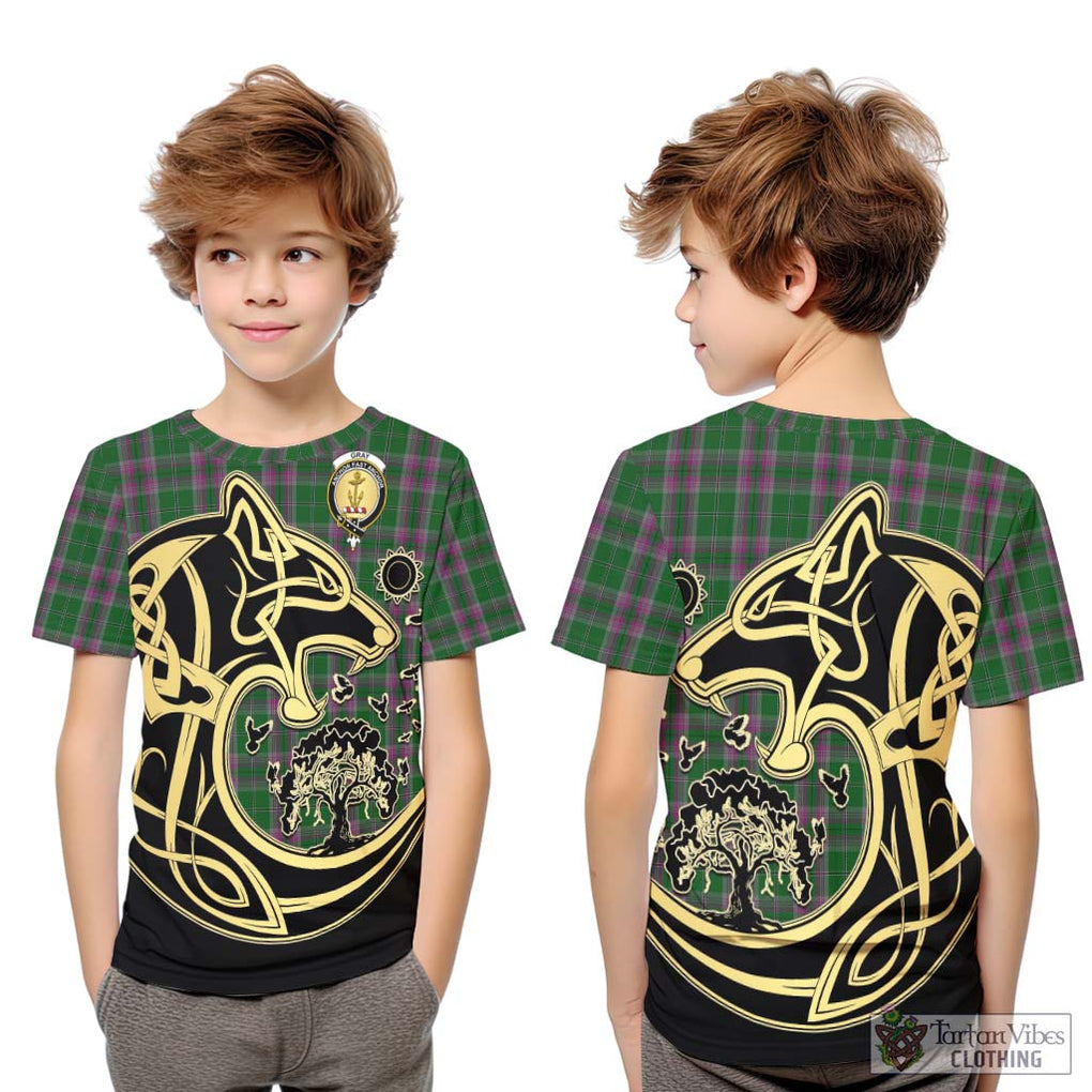 Gray Hunting Tartan Kid T-Shirt with Family Crest Celtic Wolf Style Youth XL Size14 - Tartan Vibes Clothing