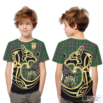 Gray Hunting Tartan Kid T-Shirt with Family Crest Celtic Wolf Style