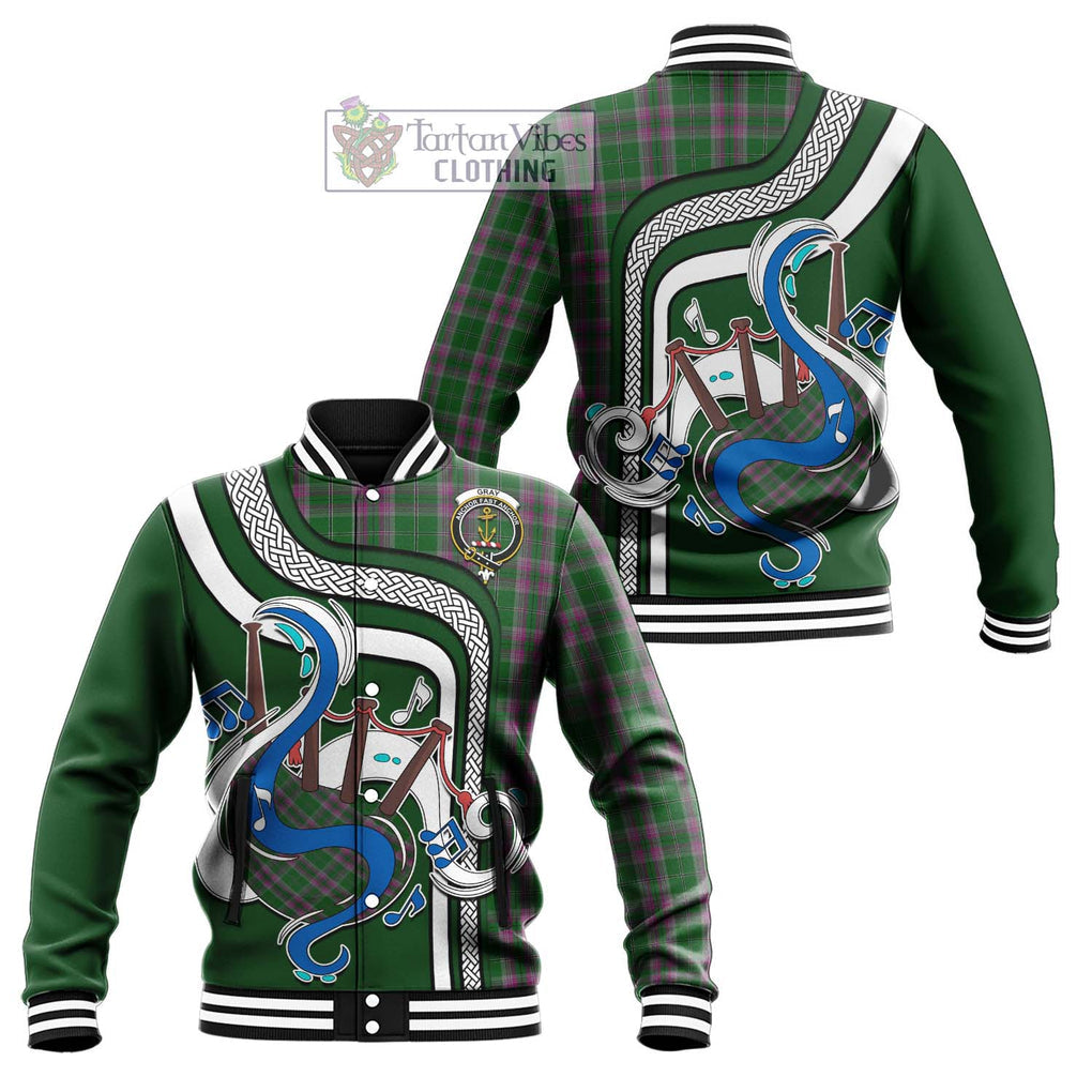 Tartan Vibes Clothing Gray Hunting Tartan Baseball Jacket with Epic Bagpipe Style