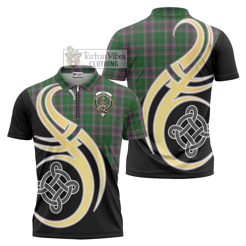 Tartan Vibes Clothing Gray Hunting Tartan Zipper Polo Shirt with Family Crest and Celtic Symbol Style