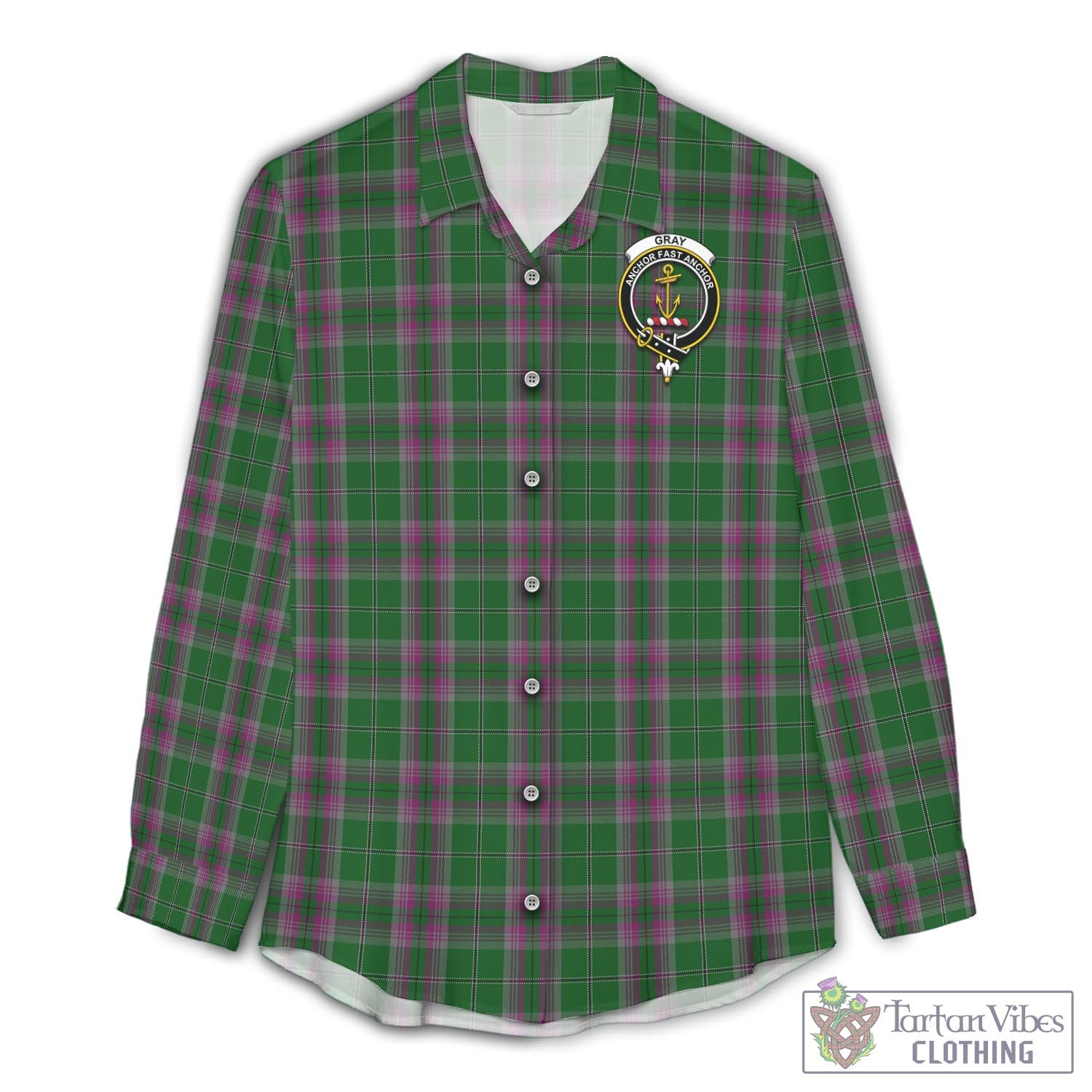 Tartan Vibes Clothing Gray Hunting Tartan Womens Casual Shirt with Family Crest