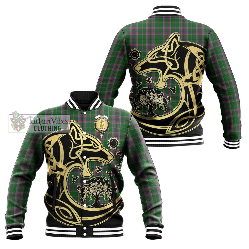 Gray Hunting Tartan Baseball Jacket with Family Crest Celtic Wolf Style Unisex - Tartan Vibes Clothing