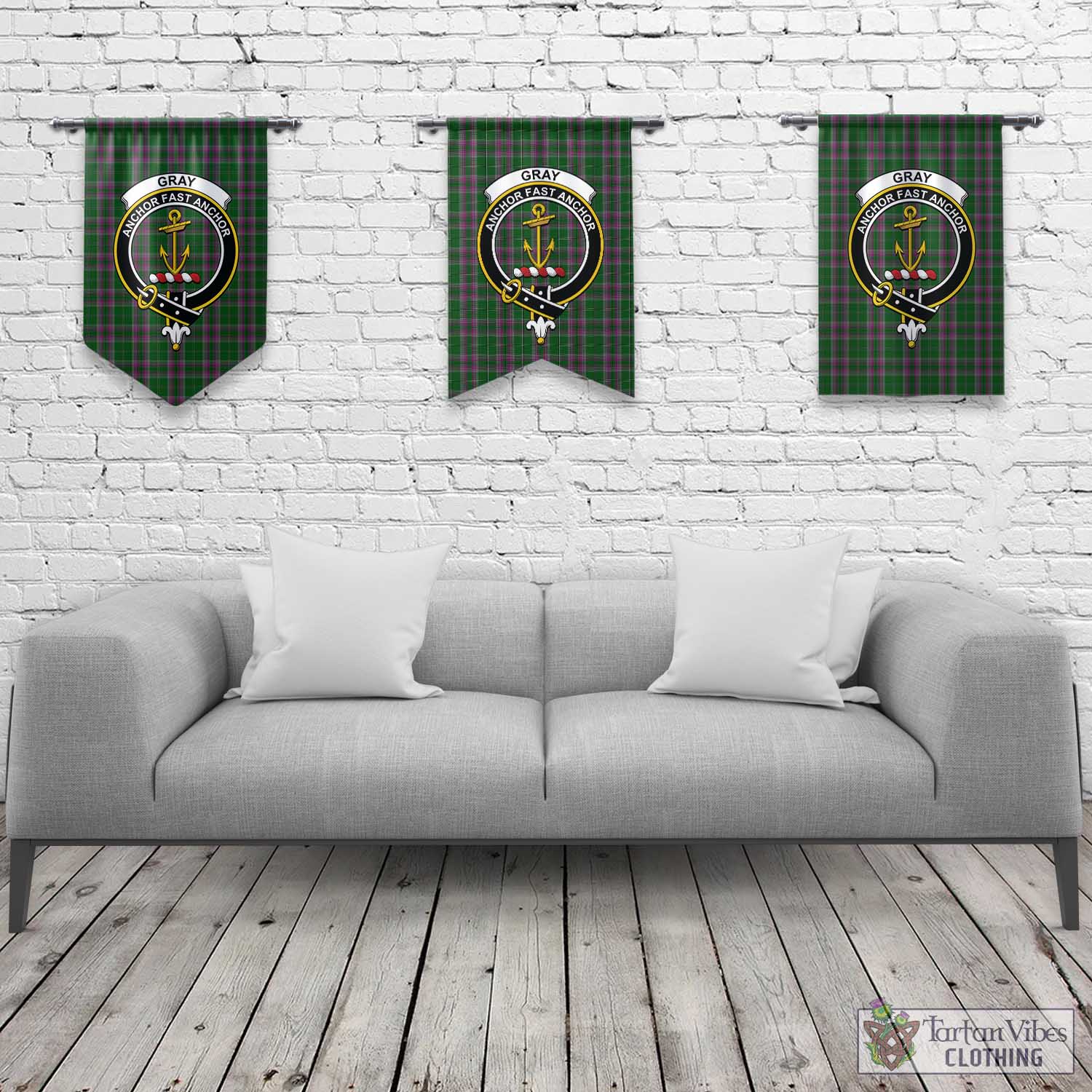 Tartan Vibes Clothing Gray Hunting Tartan Gonfalon, Tartan Banner with Family Crest