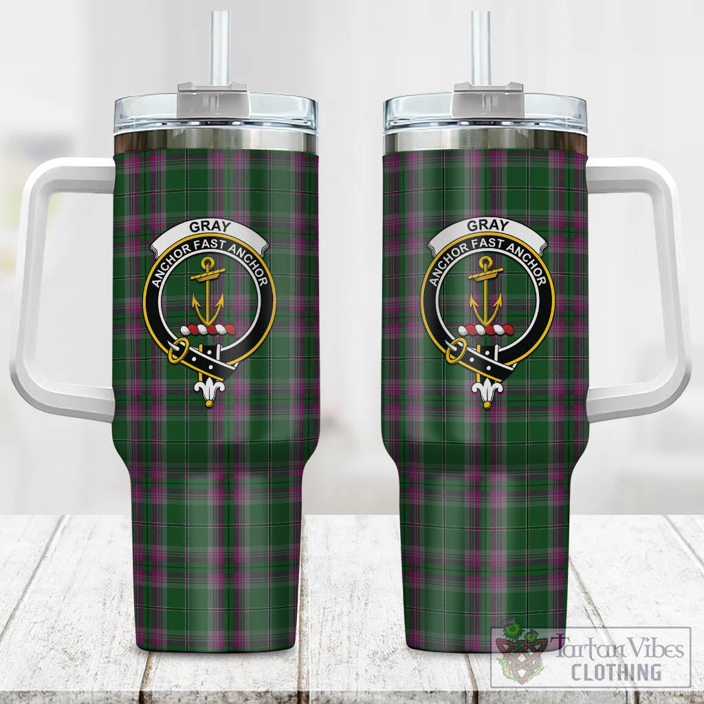 Tartan Vibes Clothing Gray Hunting Tartan and Family Crest Tumbler with Handle