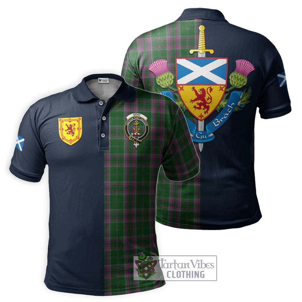 Tartan Vibes Clothing Gray Hunting Tartan Polo Shirt with Scottish Lion Royal Arm Half Style