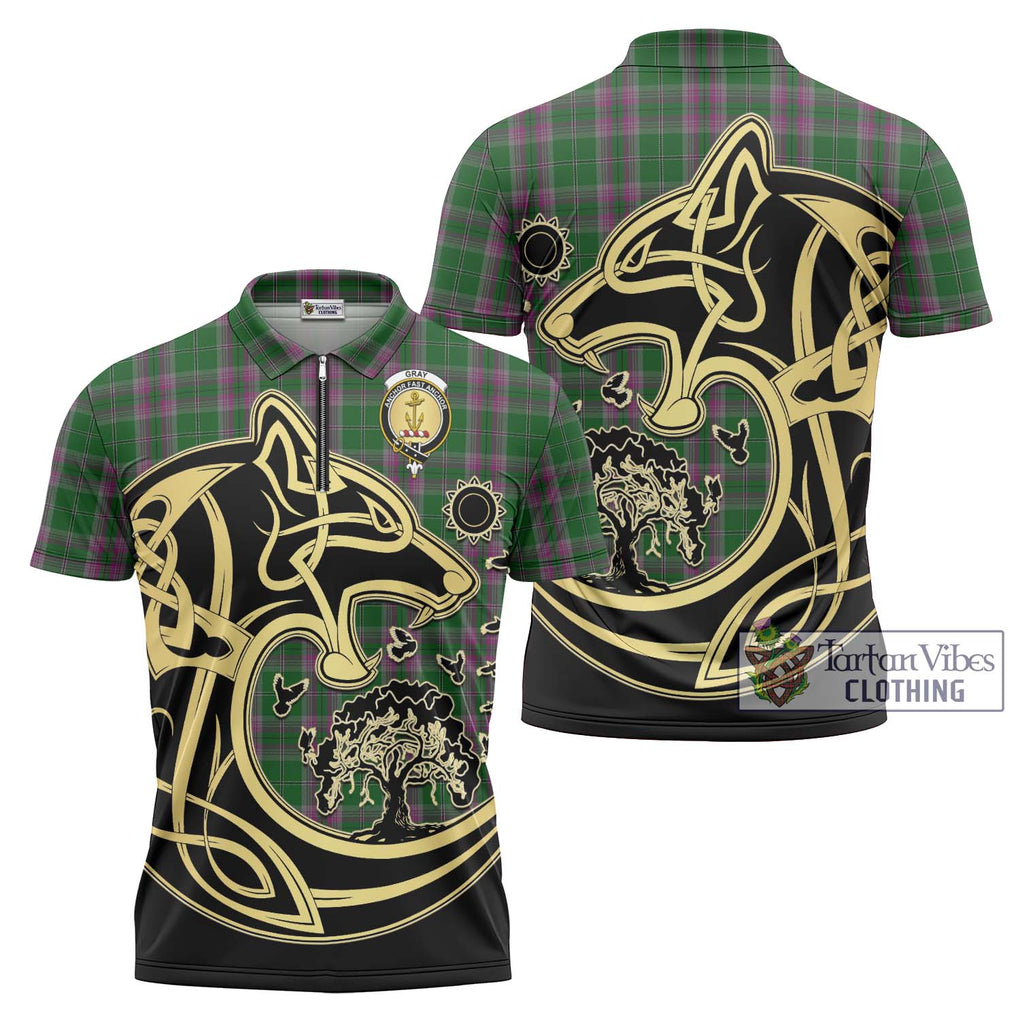 Gray Hunting Tartan Zipper Polo Shirt with Family Crest Celtic Wolf Style Unisex - Tartanvibesclothing Shop