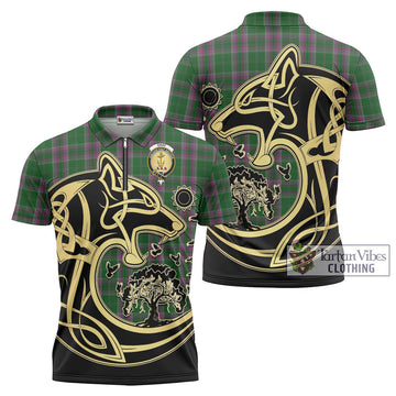 Gray Hunting Tartan Zipper Polo Shirt with Family Crest Celtic Wolf Style