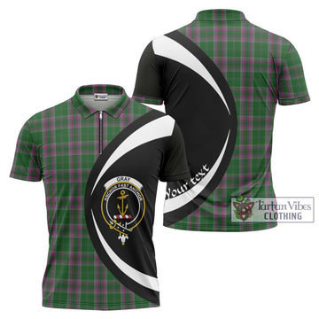 Gray Hunting Tartan Zipper Polo Shirt with Family Crest Circle Style