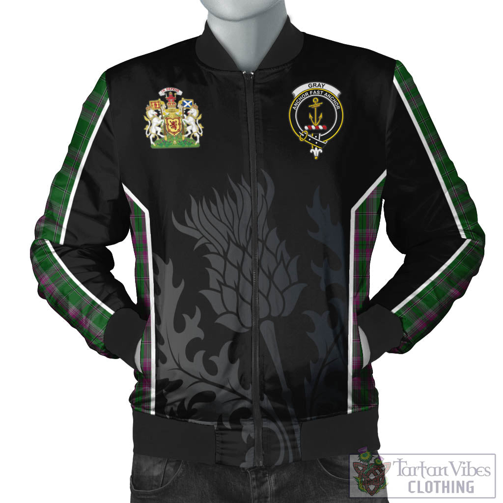 Tartan Vibes Clothing Gray Hunting Tartan Bomber Jacket with Family Crest and Scottish Thistle Vibes Sport Style