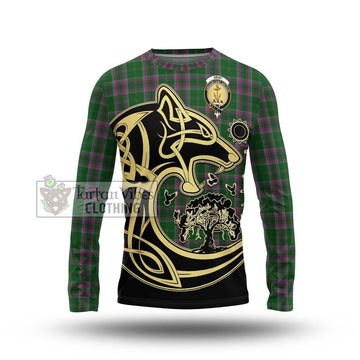 Gray Hunting Tartan Long Sleeve T-Shirt with Family Crest Celtic Wolf Style