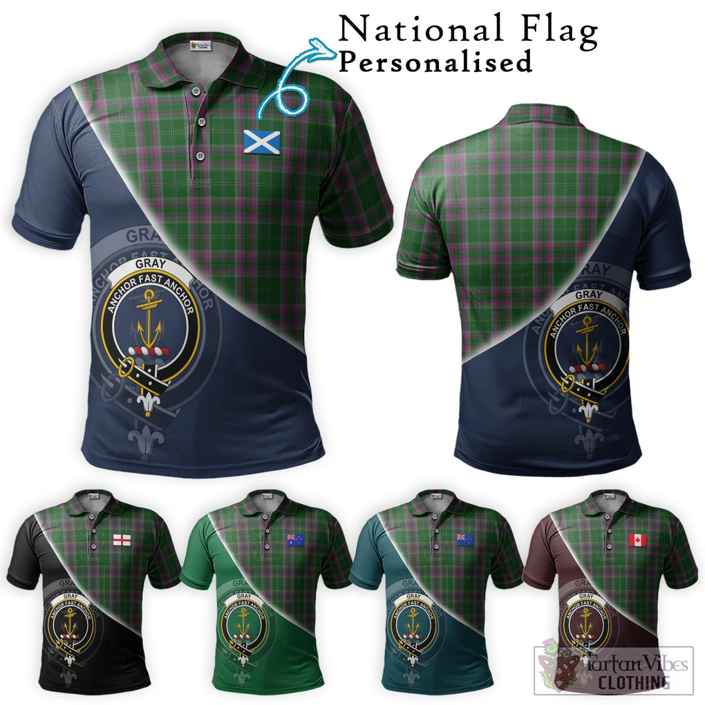 Gray Hunting Tartan Polo Shirt with Personalised National Flag and Family Crest Half Style Maroon - Tartanvibesclothing Shop