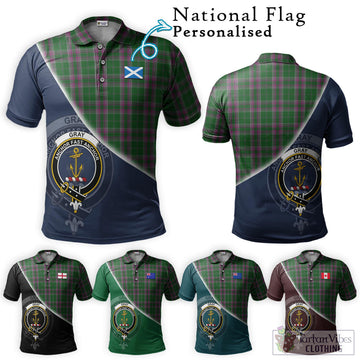 Gray Hunting Tartan Polo Shirt with Personalised National Flag and Family Crest Half Style