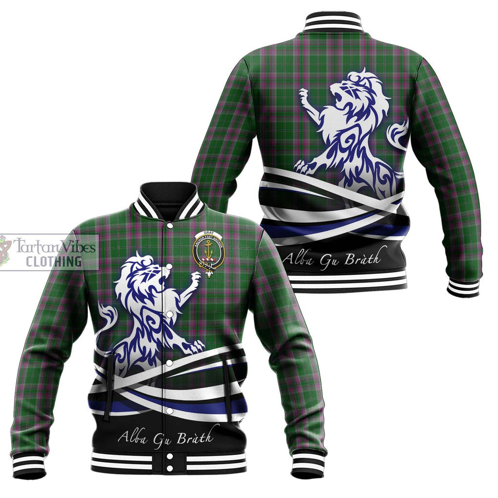 Gray Hunting Tartan Baseball Jacket with Alba Gu Brath Regal Lion Emblem Unisex - Tartanvibesclothing Shop