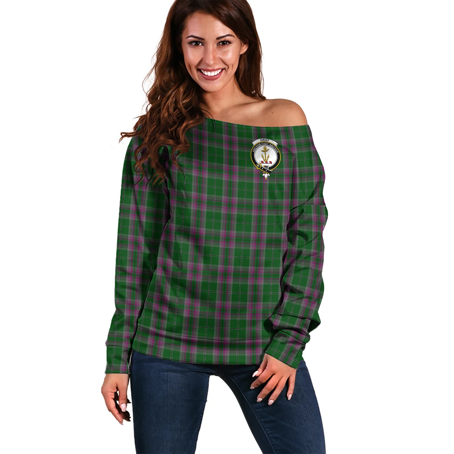 Gray Hunting Tartan Off Shoulder Women Sweater with Family Crest Women - Tartanvibesclothing