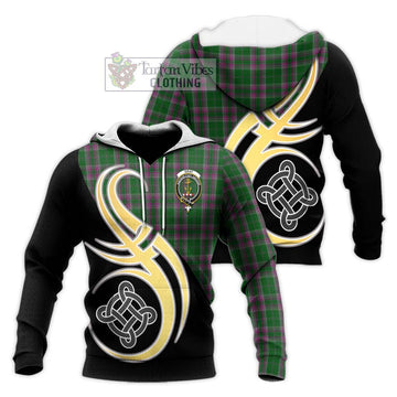 Gray Hunting Tartan Knitted Hoodie with Family Crest and Celtic Symbol Style