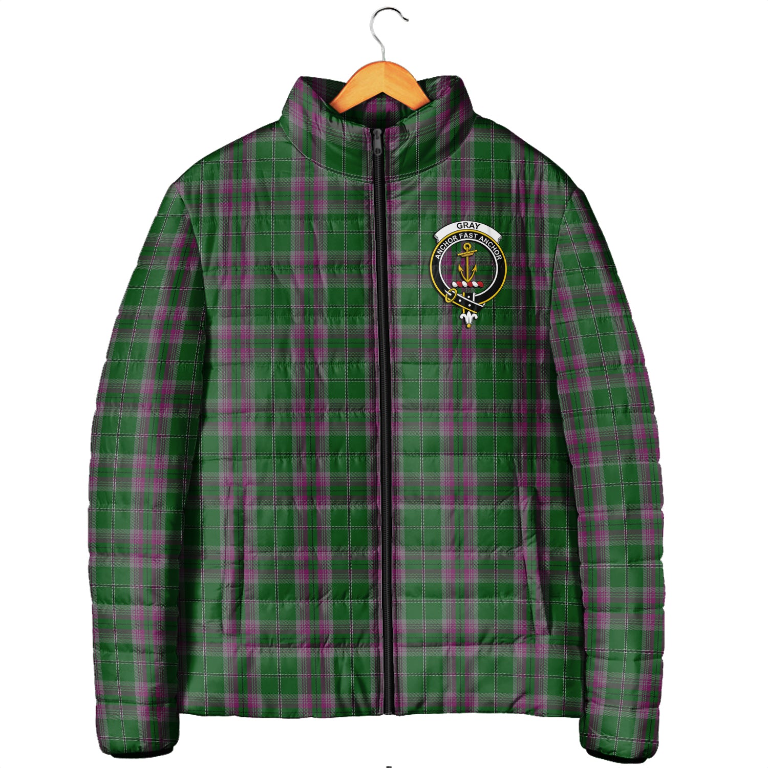 Gray Hunting Tartan Padded Jacket with Family Crest Men's Padded Jacket - Tartan Vibes Clothing