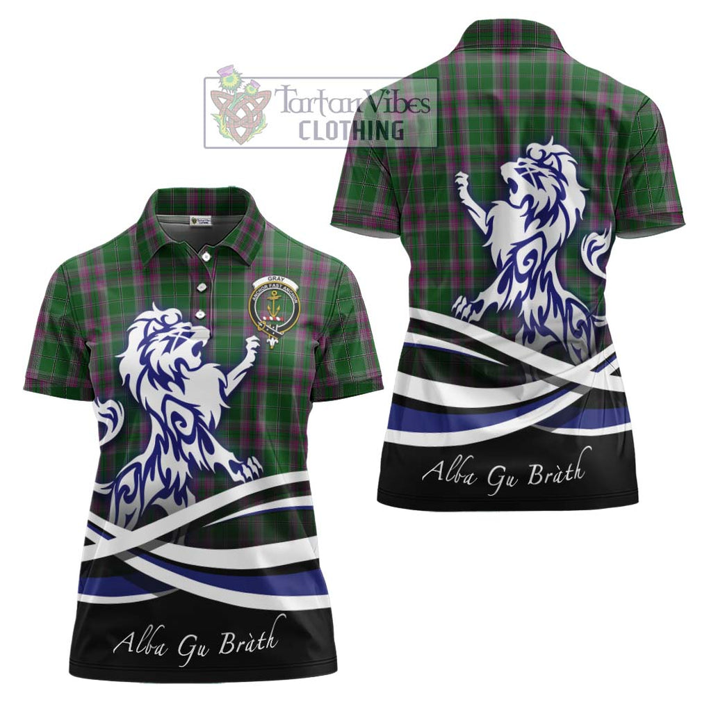 Gray Hunting Tartan Women's Polo Shirt with Alba Gu Brath Regal Lion Emblem Women - Tartanvibesclothing Shop