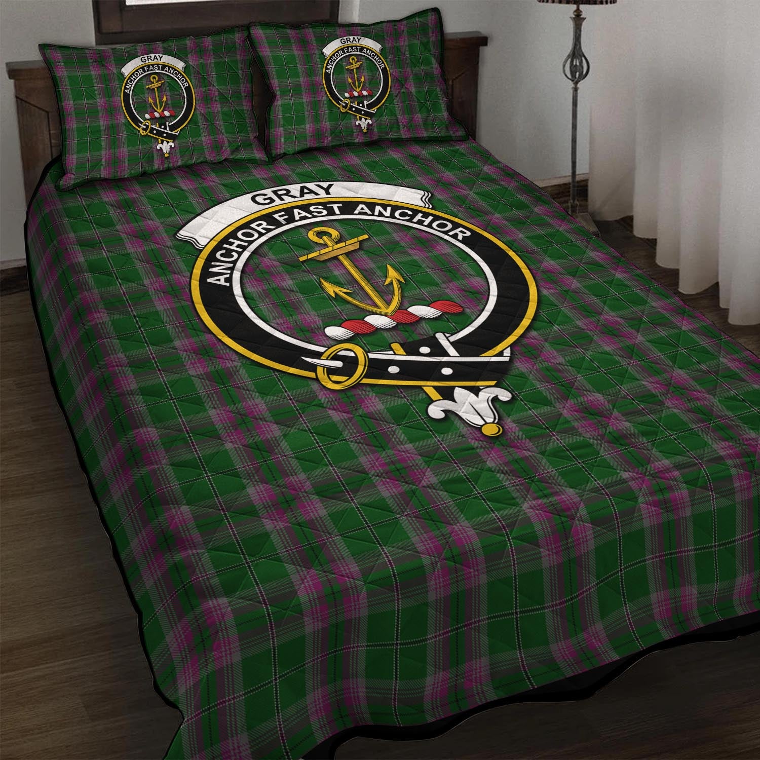 Gray Hunting Tartan Quilt Bed Set with Family Crest - Tartanvibesclothing