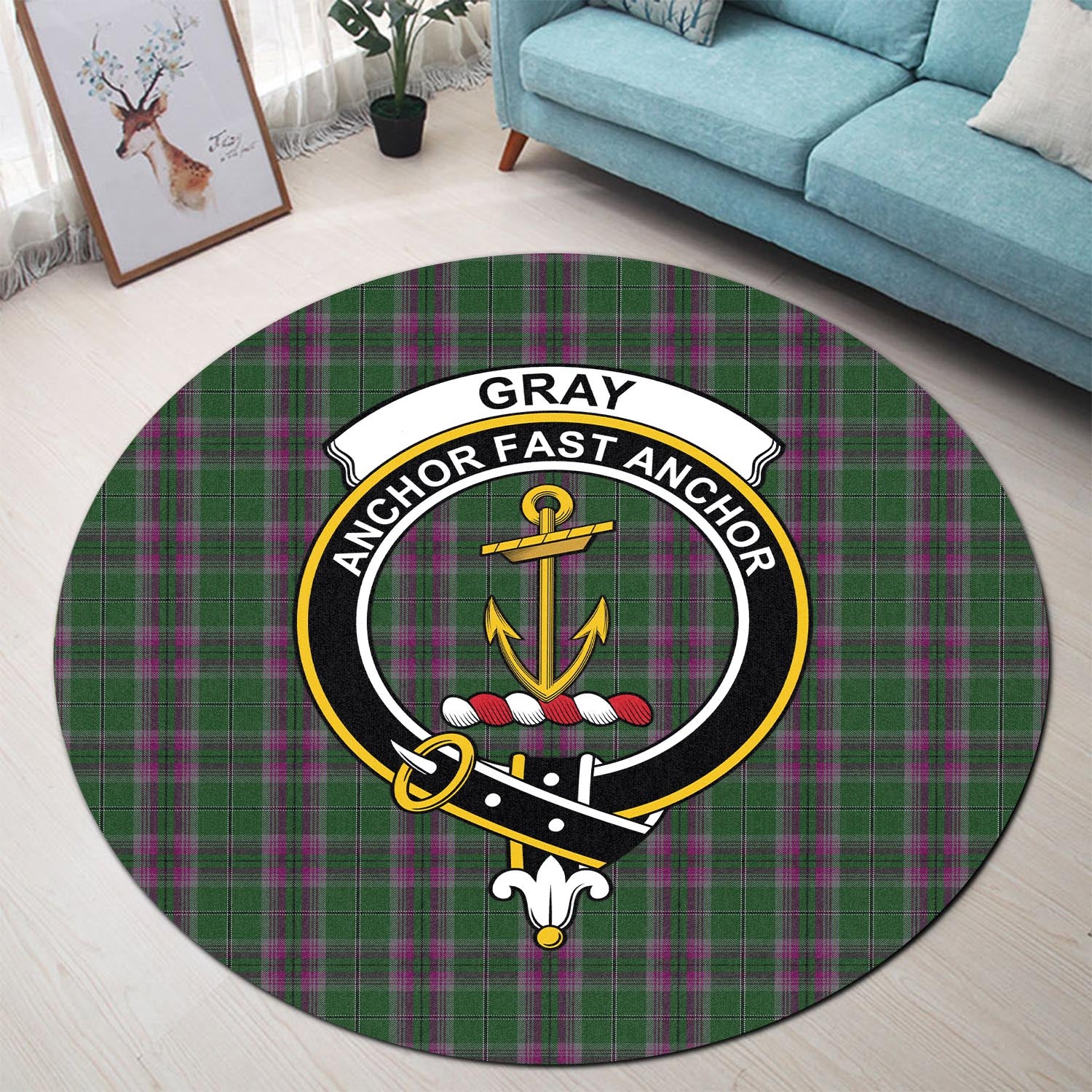 gray-hunting-tartan-round-rug-with-family-crest