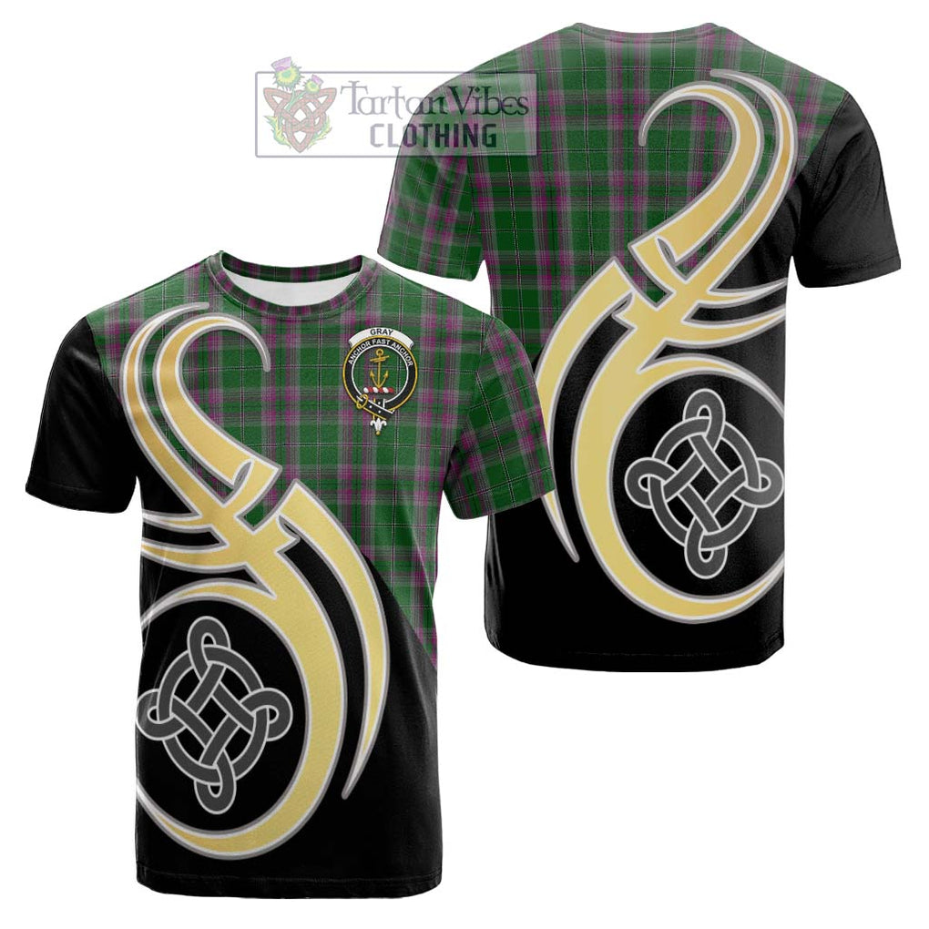 Tartan Vibes Clothing Gray Hunting Tartan Cotton T-shirt with Family Crest and Celtic Symbol Style