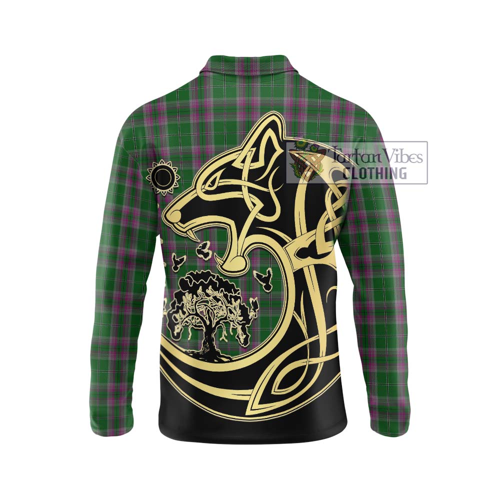 Gray Hunting Tartan Long Sleeve Polo Shirt with Family Crest Celtic Wolf Style - Tartanvibesclothing Shop