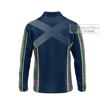 Gray Hunting Tartan Long Sleeve Polo Shirt with Family Crest and Lion Rampant Vibes Sport Style