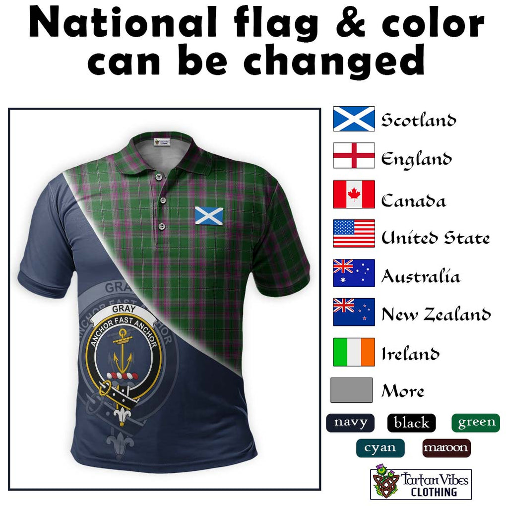 Gray Hunting Tartan Polo Shirt with Personalised National Flag and Family Crest Half Style - Tartanvibesclothing Shop