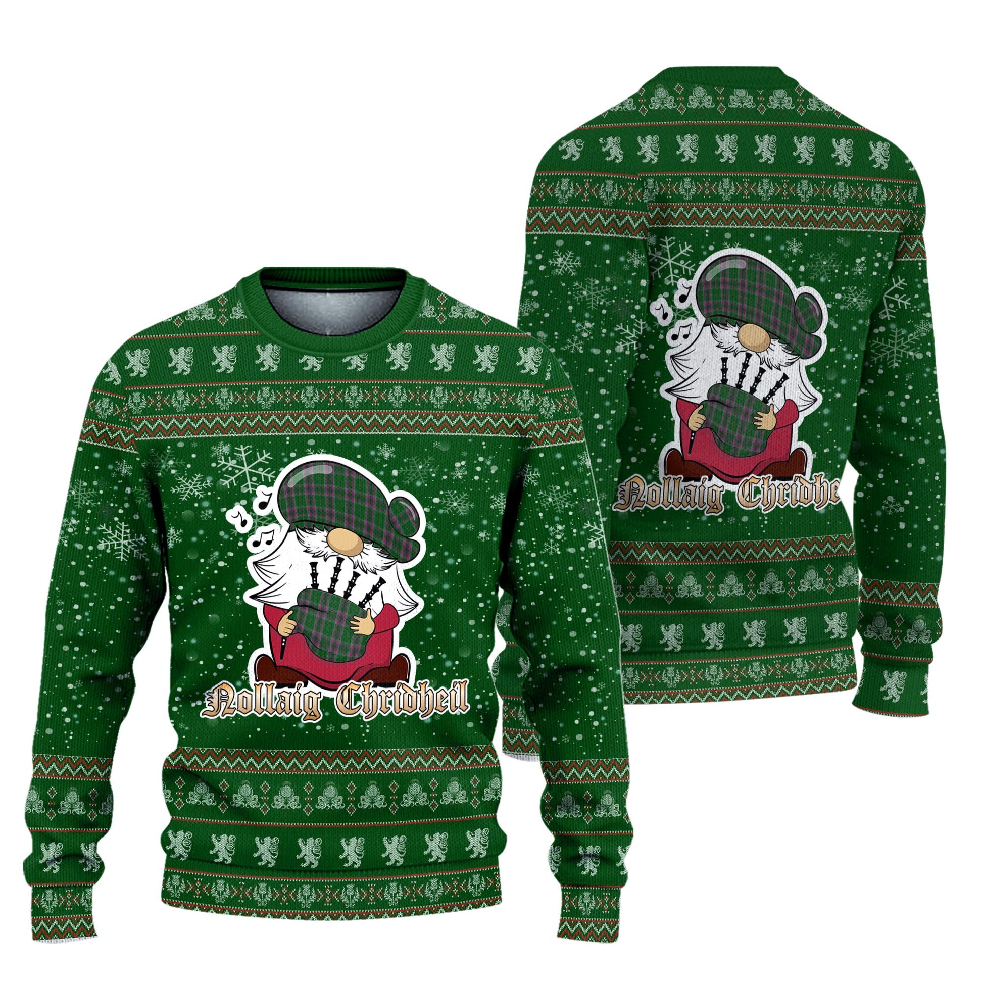 Gray Hunting Clan Christmas Family Knitted Sweater with Funny Gnome Playing Bagpipes Unisex Green - Tartanvibesclothing