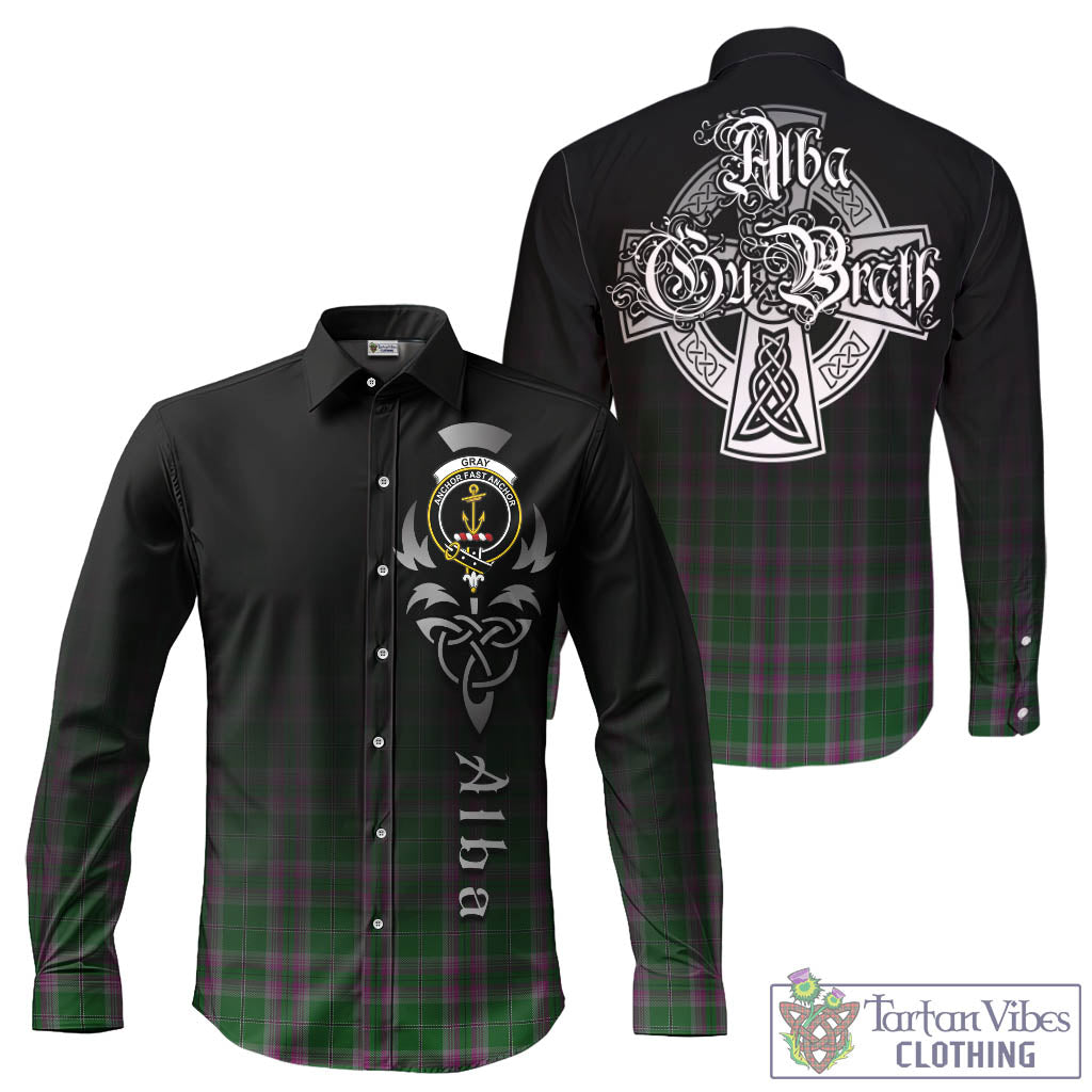 Tartan Vibes Clothing Gray Hunting Tartan Long Sleeve Button Up Featuring Alba Gu Brath Family Crest Celtic Inspired