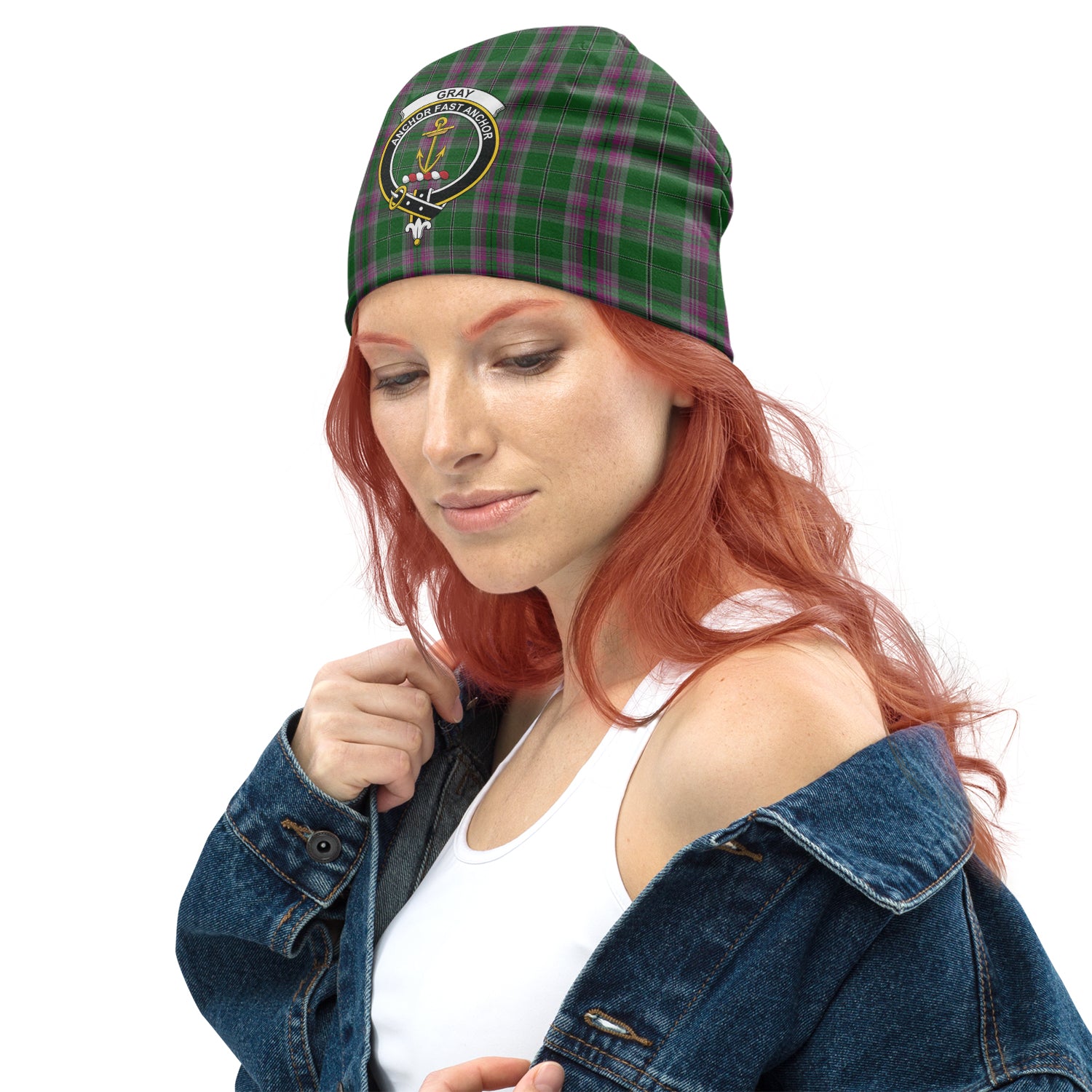 Gray Hunting Tartan Beanies Hat with Family Crest - Tartan Vibes Clothing