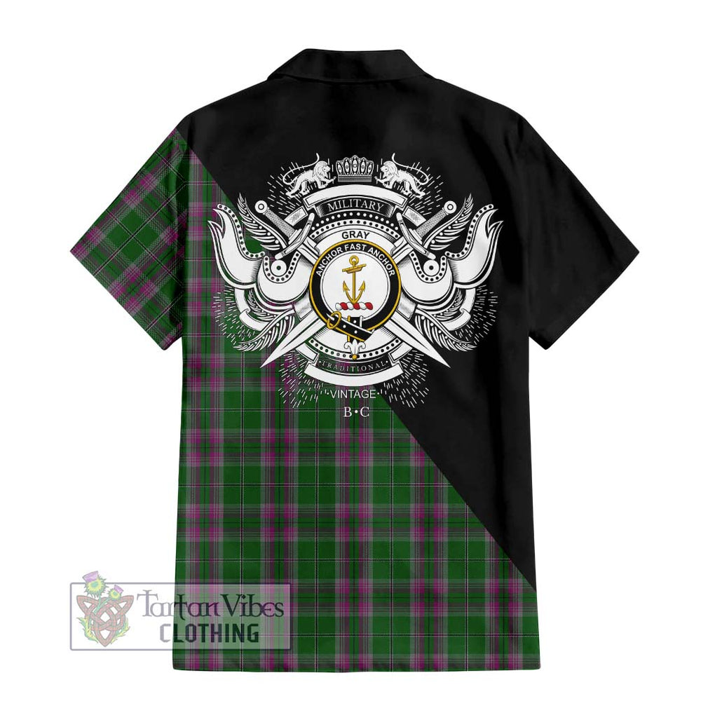 Gray Hunting Tartan Short Sleeve Button Shirt with Family Crest and Military Logo Style - Tartanvibesclothing Shop