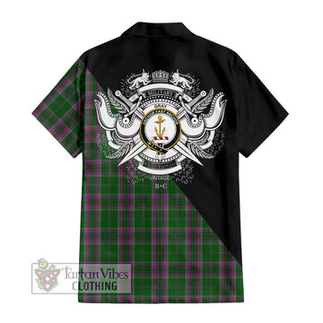 Gray Hunting Tartan Short Sleeve Button Shirt with Family Crest and Military Logo Style