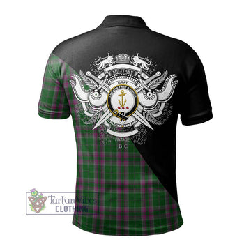 Gray Hunting Tartan Polo Shirt with Family Crest and Military Logo Style