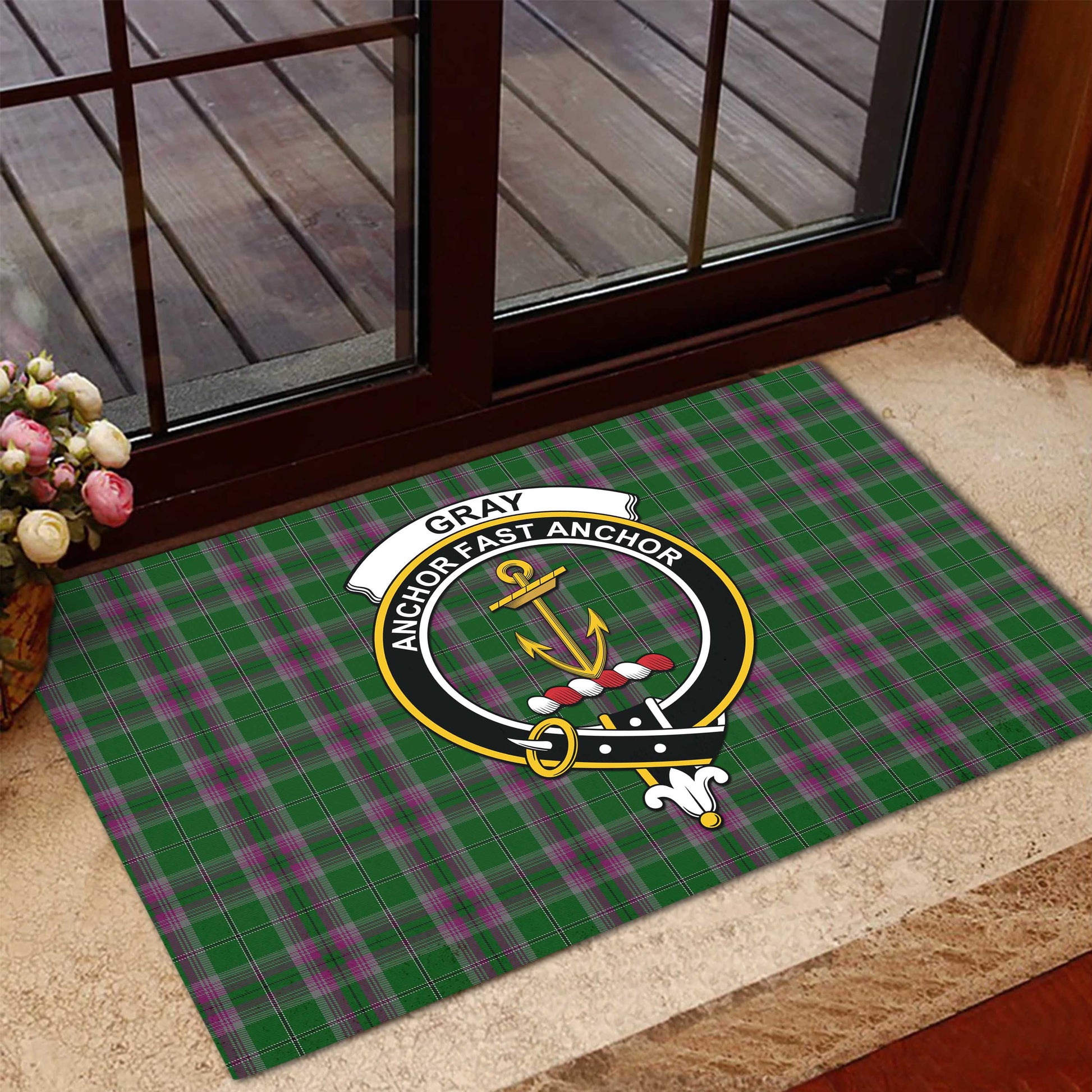 Gray Hunting Tartan Door Mat with Family Crest - Tartanvibesclothing