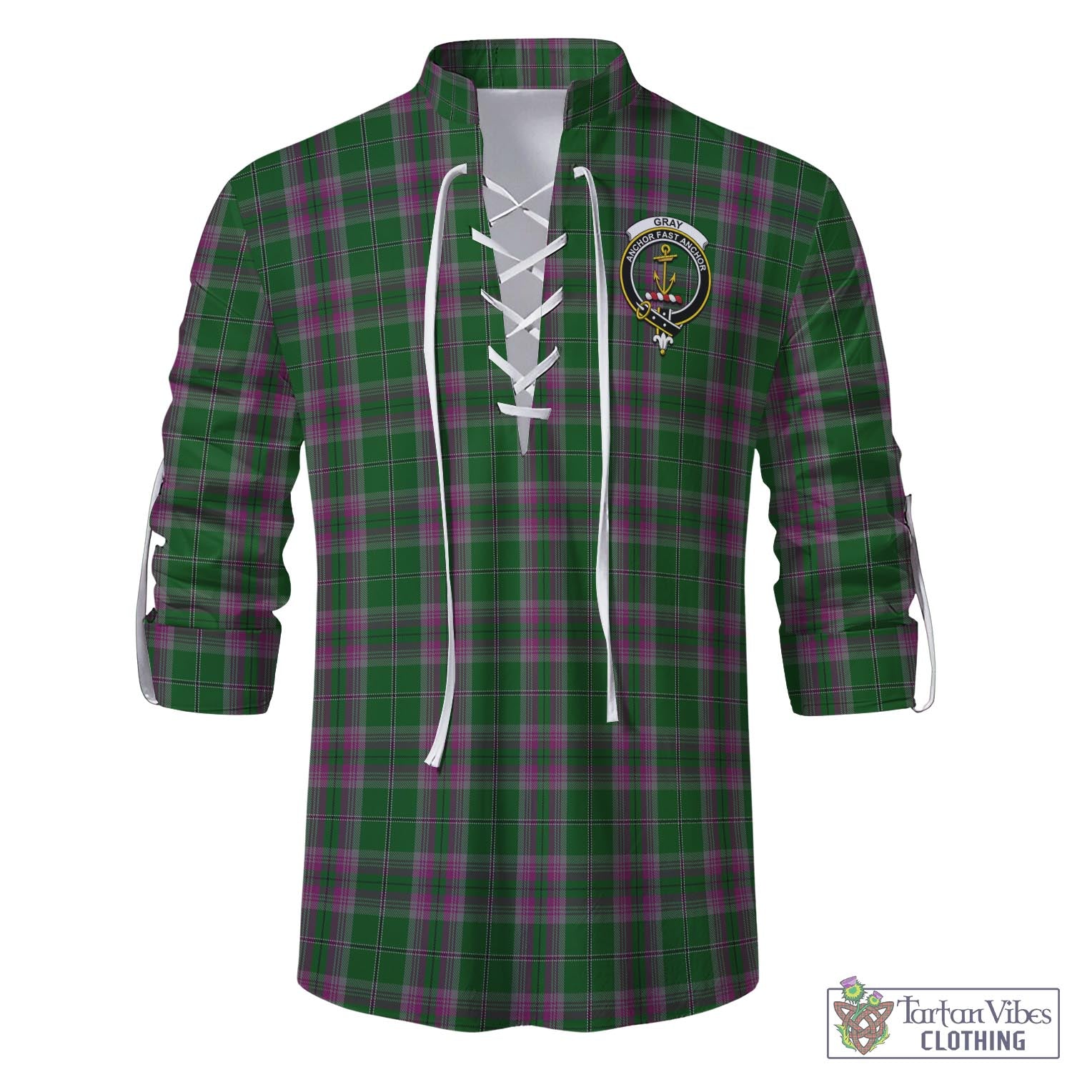 Tartan Vibes Clothing Gray Hunting Tartan Men's Scottish Traditional Jacobite Ghillie Kilt Shirt with Family Crest