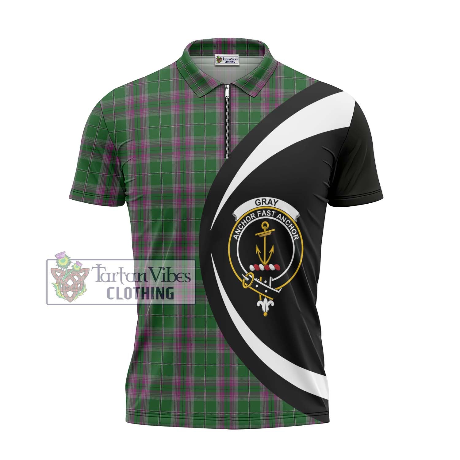 Tartan Vibes Clothing Gray Hunting Tartan Zipper Polo Shirt with Family Crest Circle Style