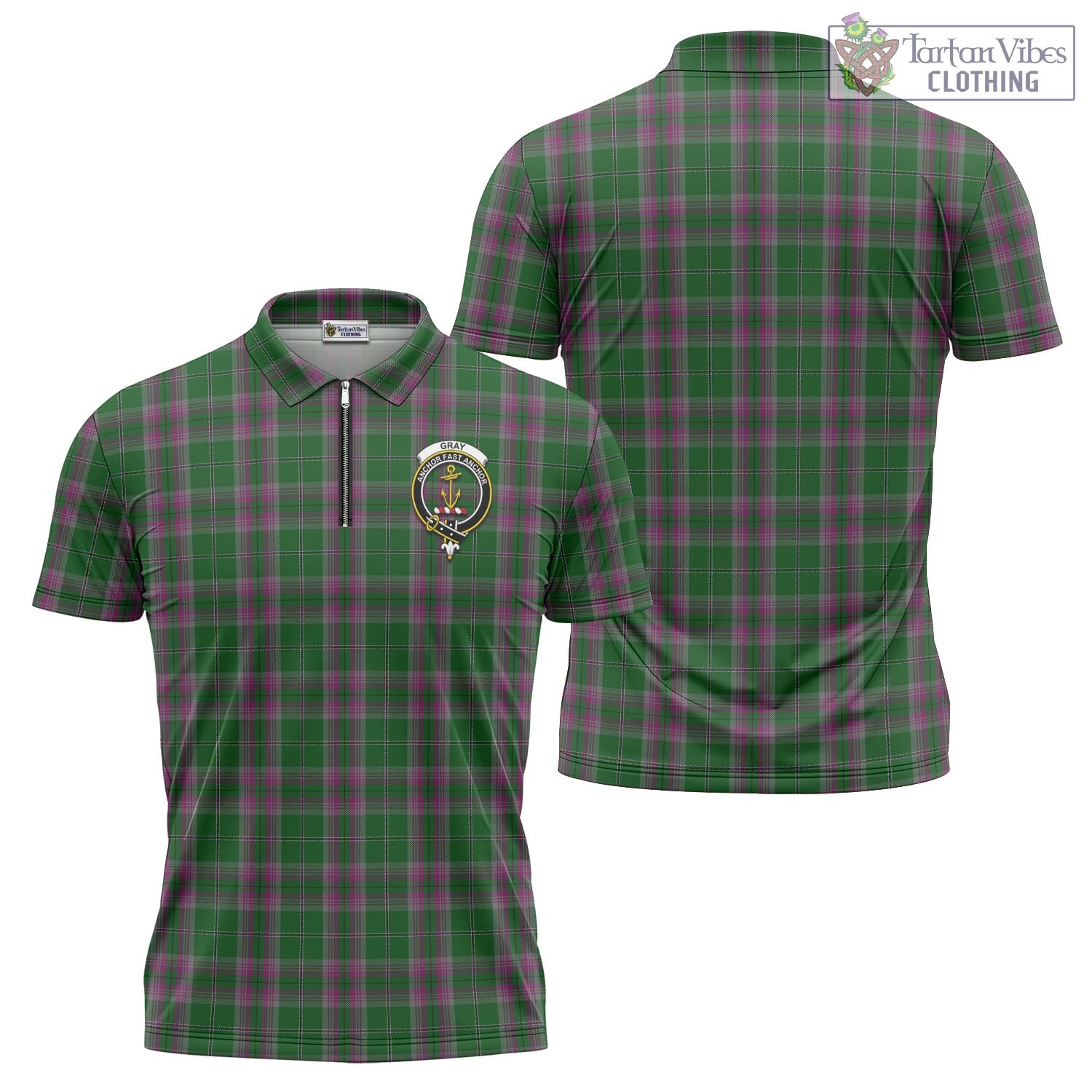 Tartan Vibes Clothing Gray Hunting Tartan Zipper Polo Shirt with Family Crest