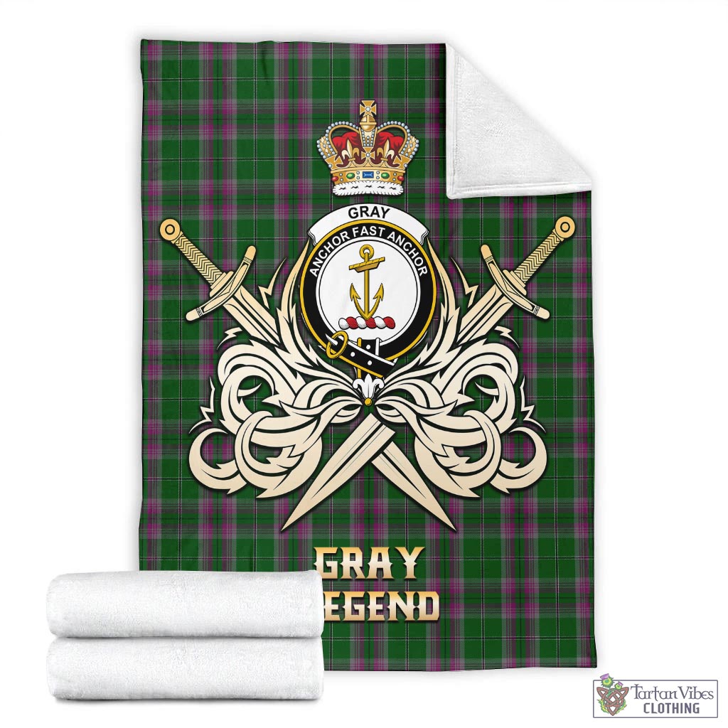 Tartan Vibes Clothing Gray Hunting Tartan Blanket with Clan Crest and the Golden Sword of Courageous Legacy