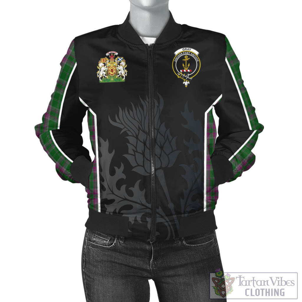 Tartan Vibes Clothing Gray Hunting Tartan Bomber Jacket with Family Crest and Scottish Thistle Vibes Sport Style