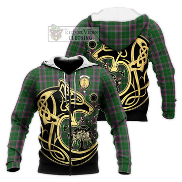 Gray Hunting Tartan Knitted Hoodie with Family Crest Celtic Wolf Style