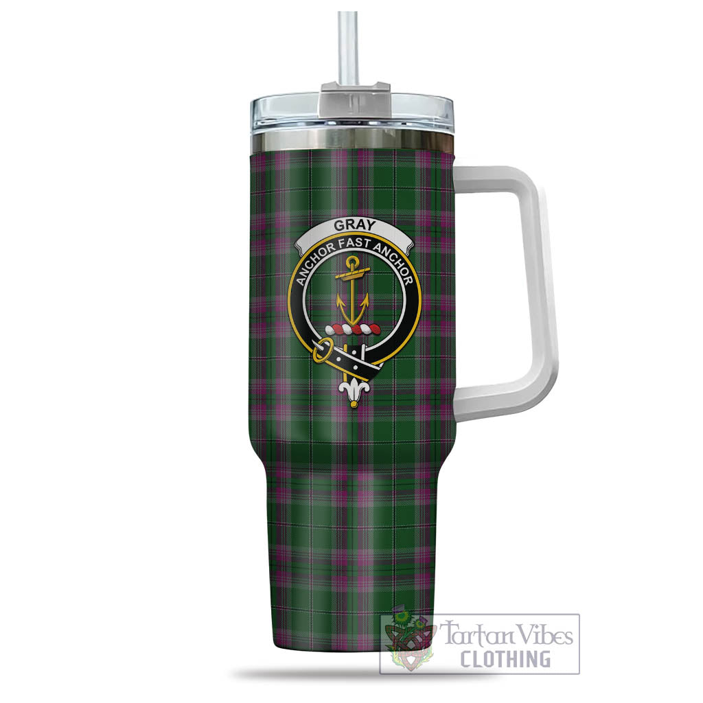 Tartan Vibes Clothing Gray Hunting Tartan and Family Crest Tumbler with Handle