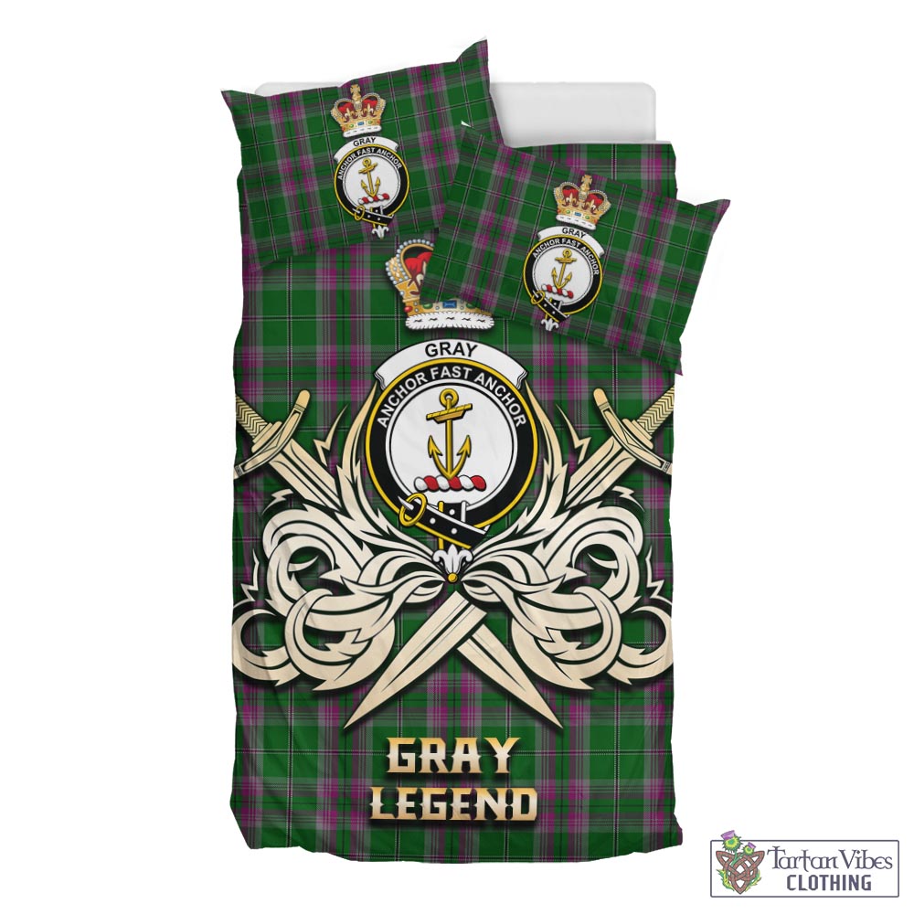 Tartan Vibes Clothing Gray Hunting Tartan Bedding Set with Clan Crest and the Golden Sword of Courageous Legacy