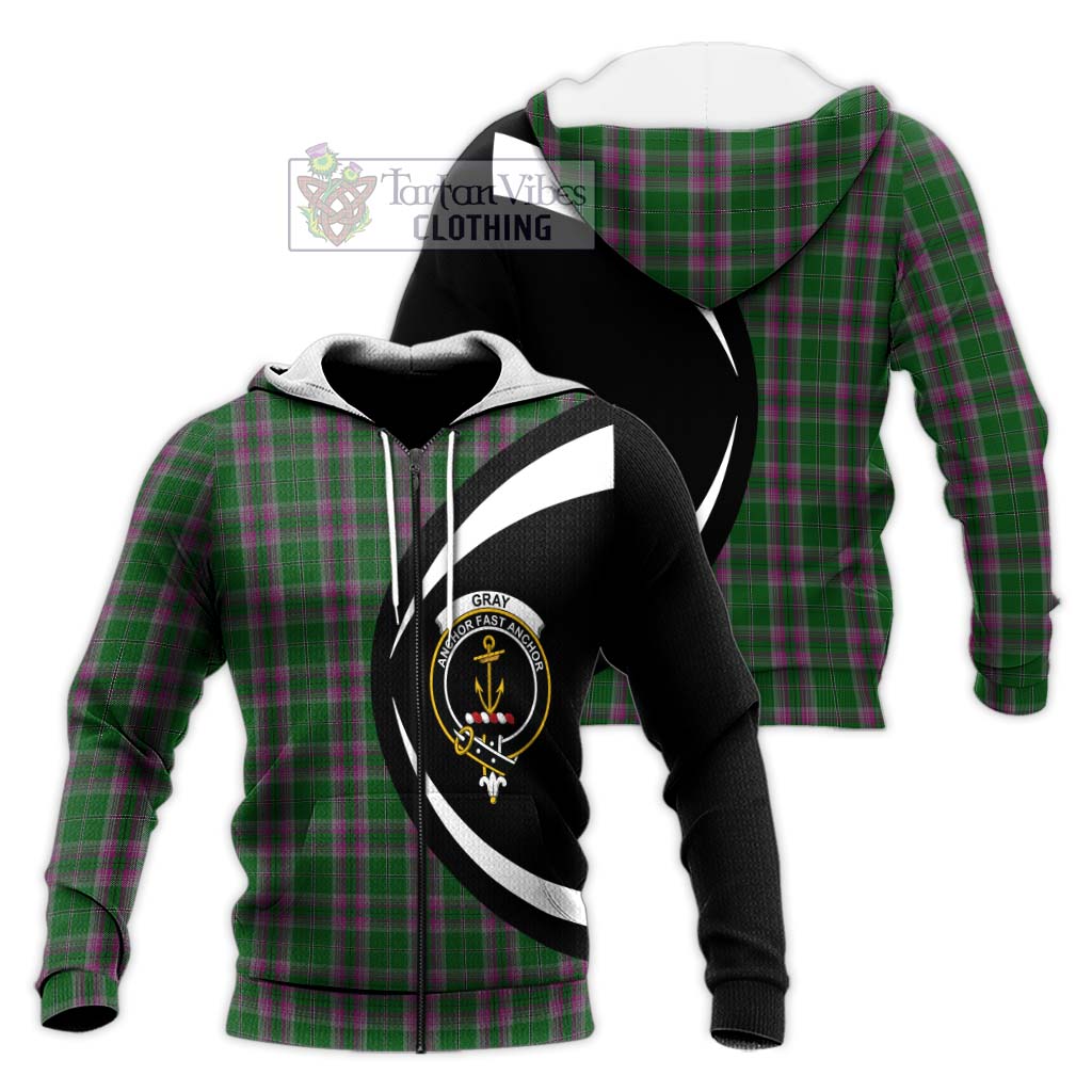 Gray Hunting Tartan Knitted Hoodie with Family Crest Circle Style Unisex Knitted Zip Hoodie - Tartan Vibes Clothing