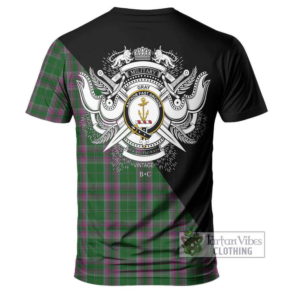 Gray Hunting Tartan T-Shirt with Family Crest and Military Logo Style - Tartanvibesclothing Shop