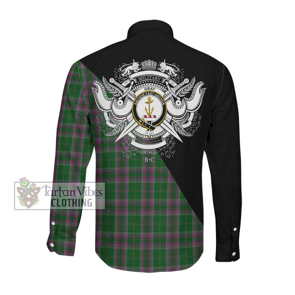 Gray Hunting Tartan Long Sleeve Button Shirt with Family Crest and Military Logo Style Men's Shirt - Tartanvibesclothing Shop